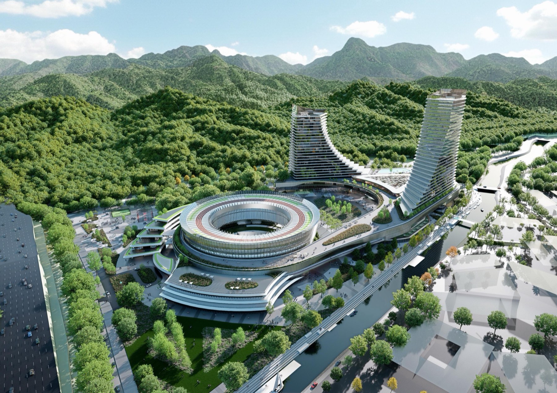 IPMC Longevity Campus — aerial rendering in the mountains
